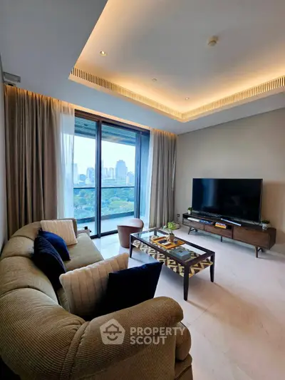 Luxurious living room with modern decor and stunning city view
