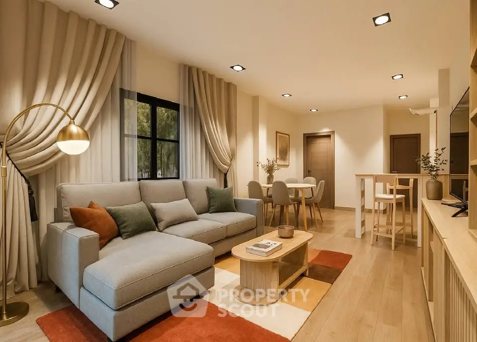 Modern living room with stylish decor and open dining area, featuring cozy seating and elegant lighting.