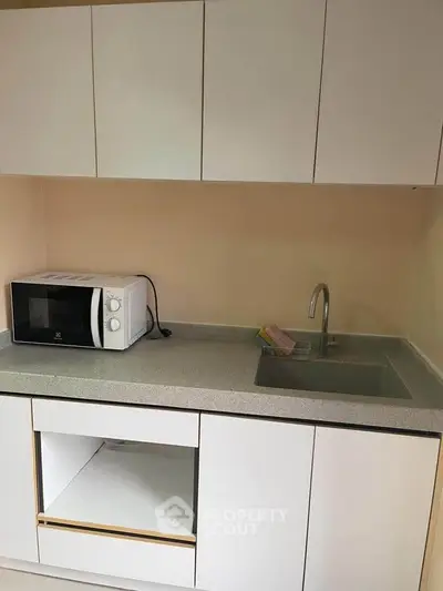 Modern kitchen with sleek cabinets and countertop featuring a microwave and sink.