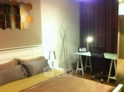 Modern bedroom with stylish decor and functional workspace