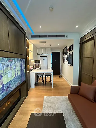 Modern living room with open kitchen and stylish decor
