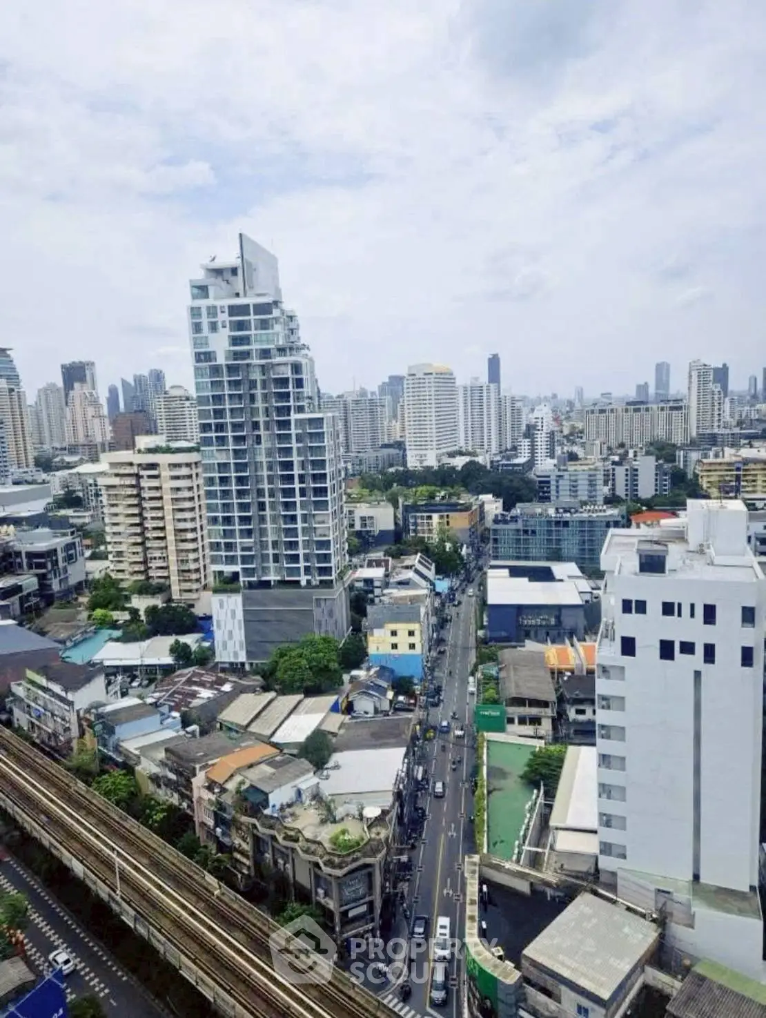 Stunning cityscape view showcasing modern high-rise buildings and vibrant urban life.