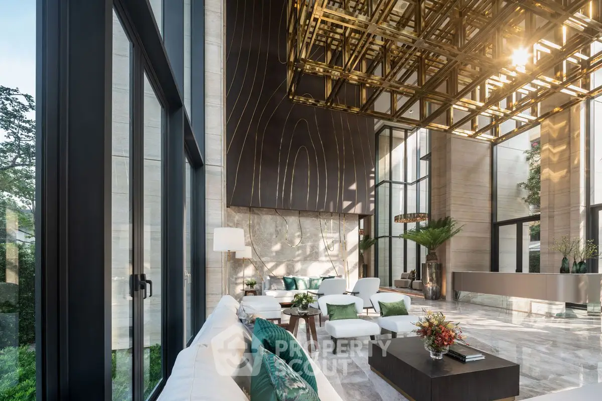 Luxurious modern living room with high ceilings and elegant decor