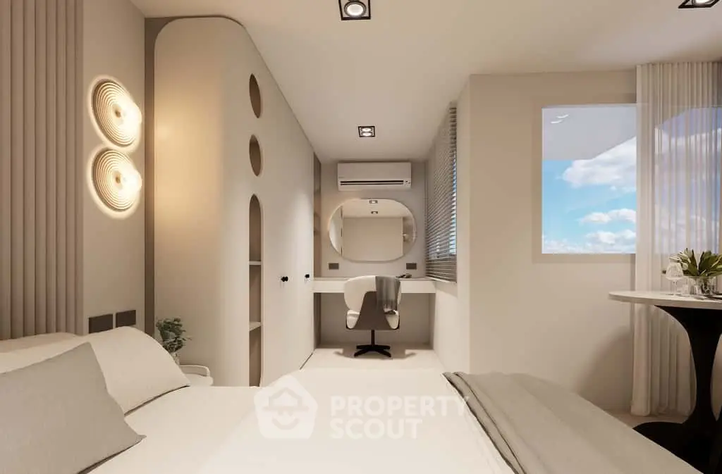 Modern minimalist bedroom with stylish decor and natural light