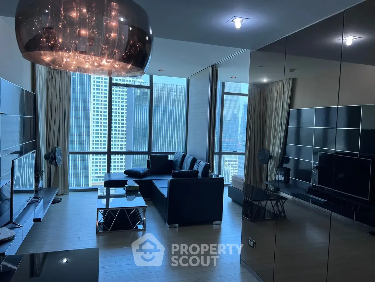 Luxurious modern living room with floor-to-ceiling windows and city view