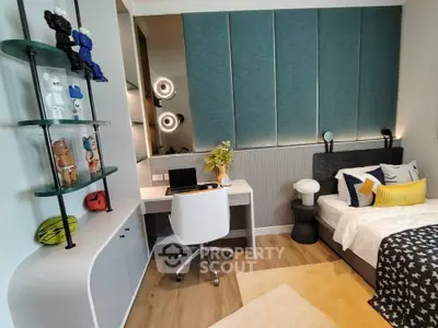 Modern bedroom with stylish decor and workspace, featuring unique shelving and cozy bedding.