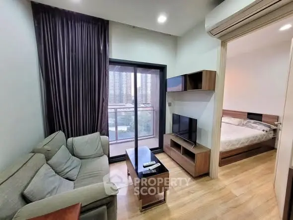 Modern living room with balcony view in stylish apartment