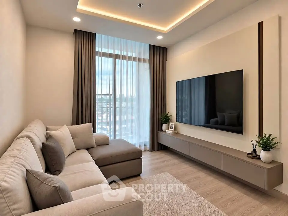Modern living room with large sofa, wall-mounted TV, and floor-to-ceiling window with curtains.