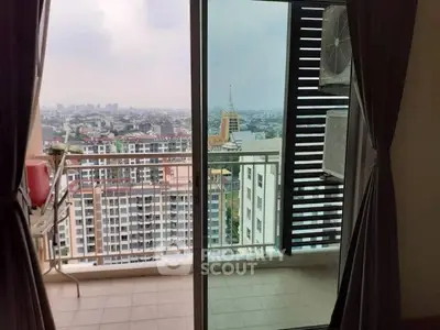 High-rise apartment balcony with stunning city view and air conditioning unit.