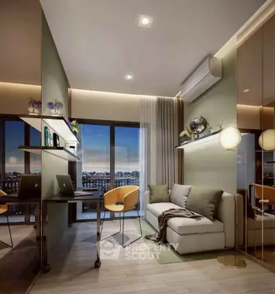 Modern living room with stylish decor and stunning city view, featuring a cozy sofa and sleek workspace.