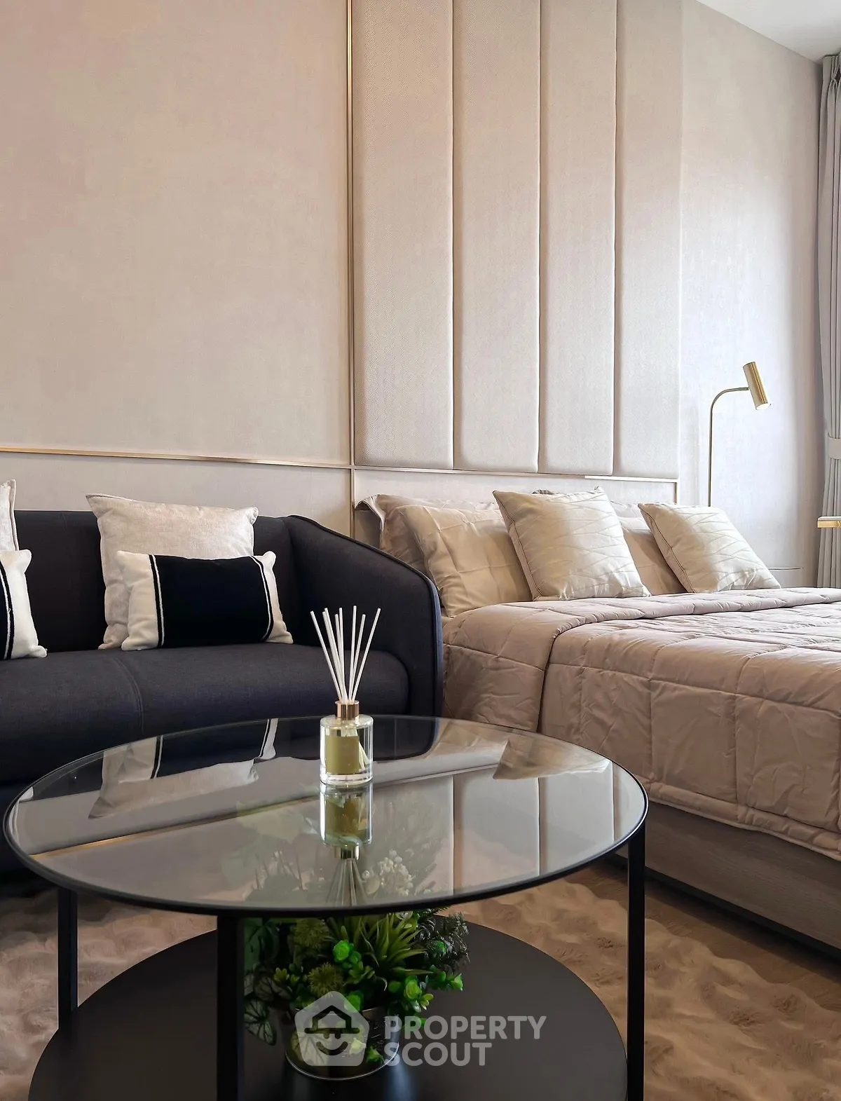 Modern living room with stylish sofa and elegant decor, perfect for relaxation and comfort.