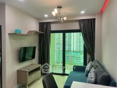 Modern living room with balcony view in high-rise apartment