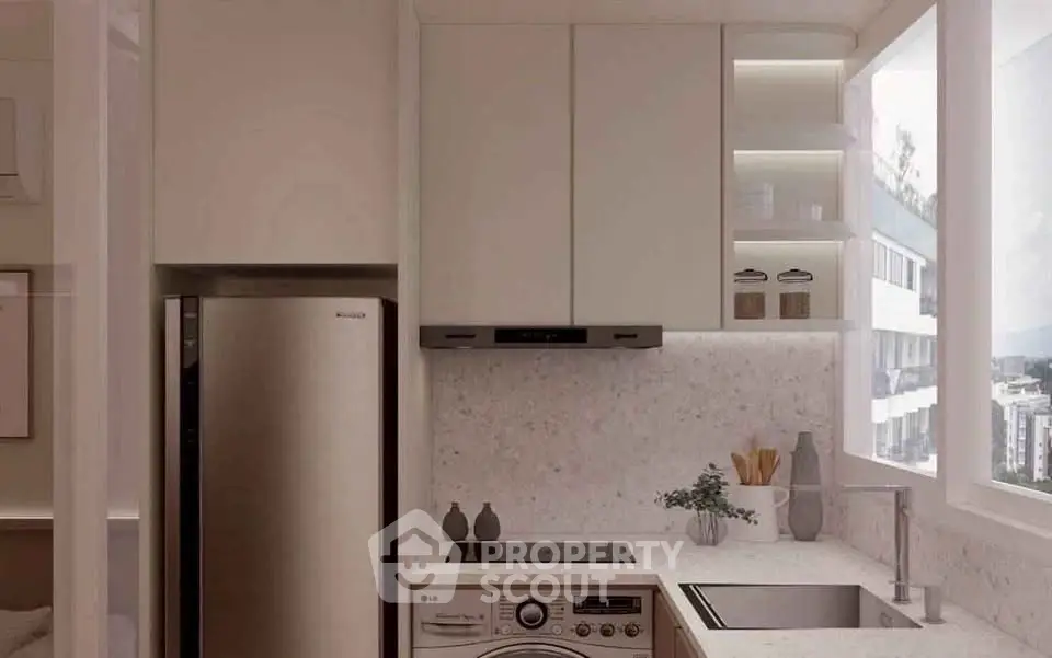 Modern kitchen with sleek appliances and open layout design
