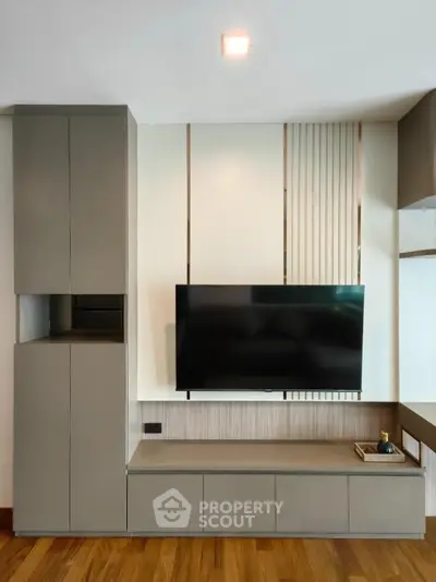 Modern living room with sleek TV unit and wooden flooring