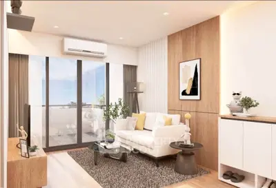 Modern living room with stylish decor and balcony view, featuring cozy seating and natural light.