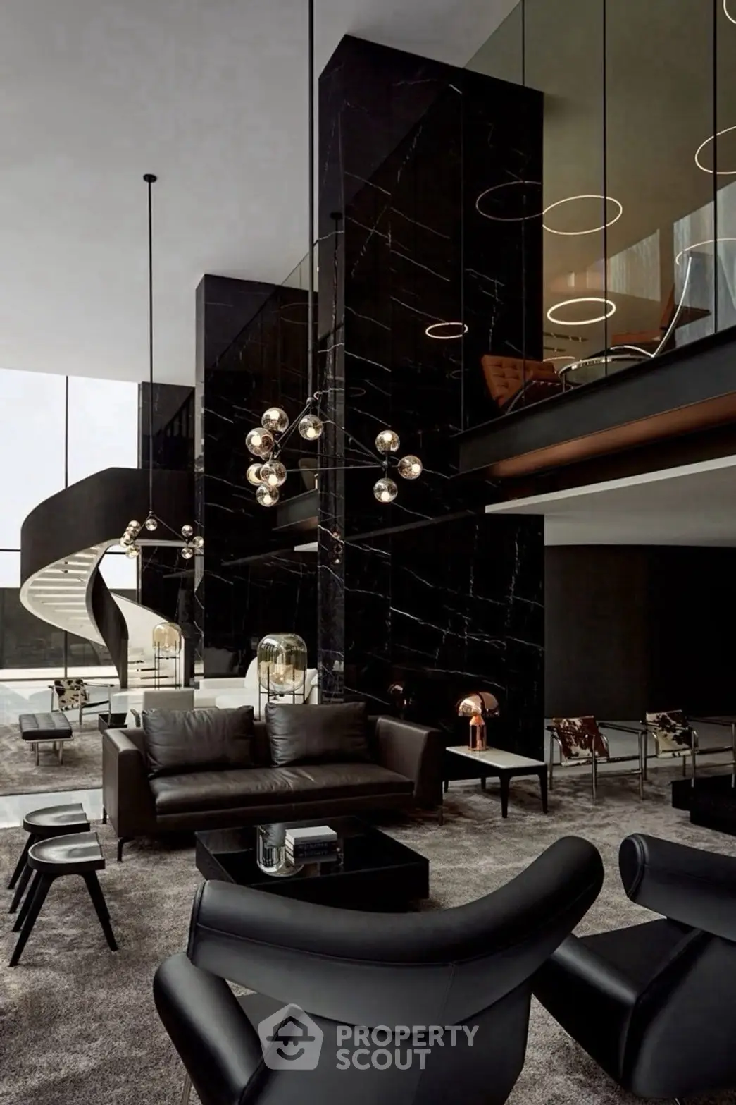 Luxurious modern living room with high ceilings, elegant black furniture, and stunning spiral staircase.