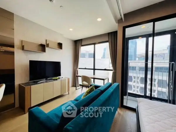 Modern living room with balcony view in urban apartment