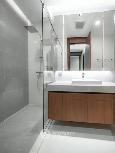 Modern bathroom with sleek design, glass shower, and stylish vanity in a contemporary home.