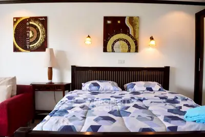 Stylish bedroom with modern decor and cozy bedding in a luxurious home.