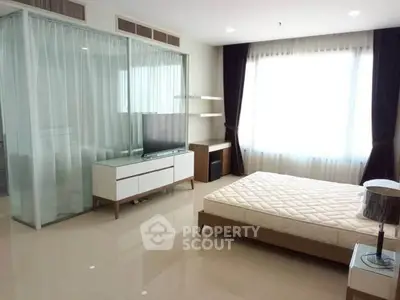 Spacious modern bedroom with large windows and sleek furniture design