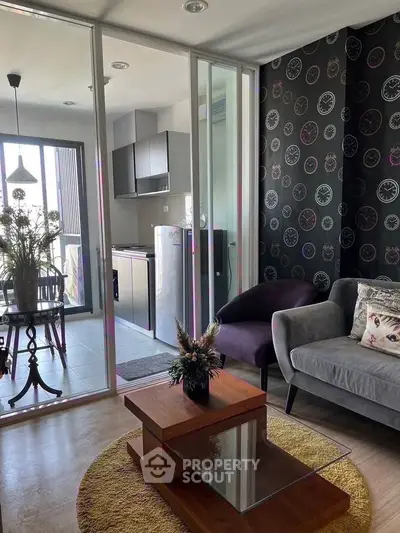 Stylish modern living room with glass partition and chic decor