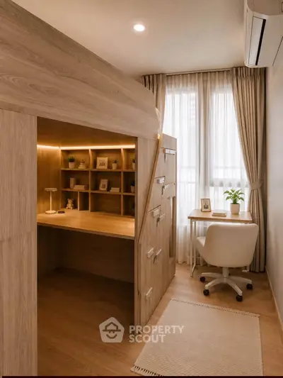 Modern study room with wooden loft bed and cozy workspace