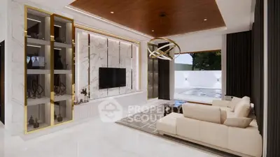 Luxurious living room with modern decor and pool view