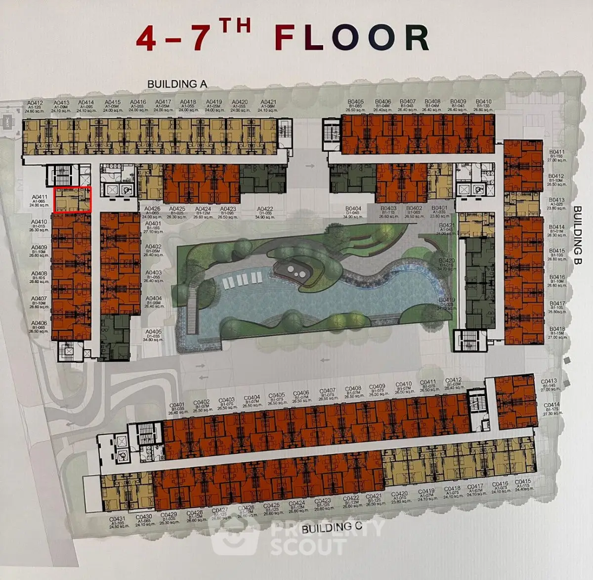 Floor plan layout for buildings A, B, and C with pool and garden view.