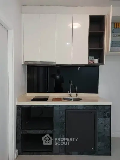 Compact modern kitchen with sleek cabinetry and integrated appliances in a minimalist design.