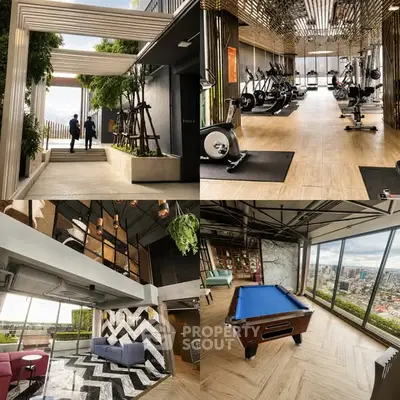 Luxurious high-rise amenities with gym, lounge, and stunning city views.
