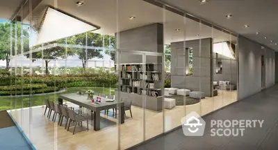 Modern library with glass walls and garden view in luxury real estate property