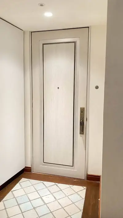 Elegant apartment entrance with modern door design and stylish flooring.