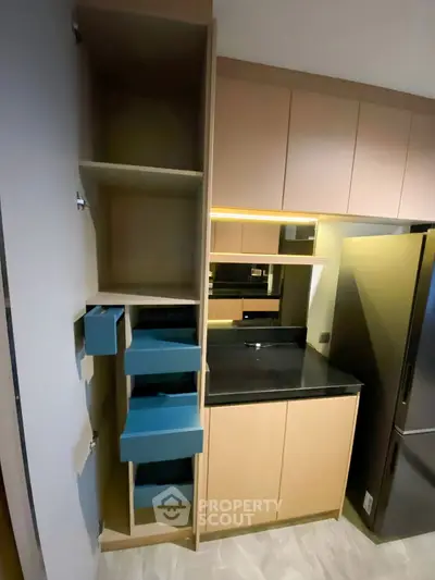 Modern kitchen with sleek cabinets and black countertop, featuring innovative storage solutions.