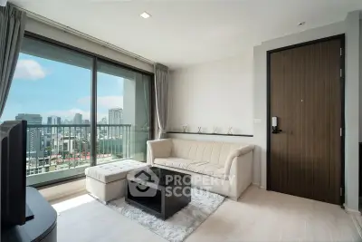 Modern living room with city view and stylish furniture in high-rise apartment.