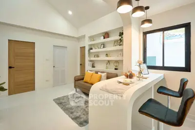 Modern living room with stylish bar counter and cozy seating area