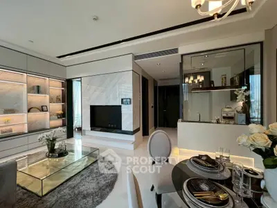 Luxurious modern living room with elegant decor and open kitchen layout
