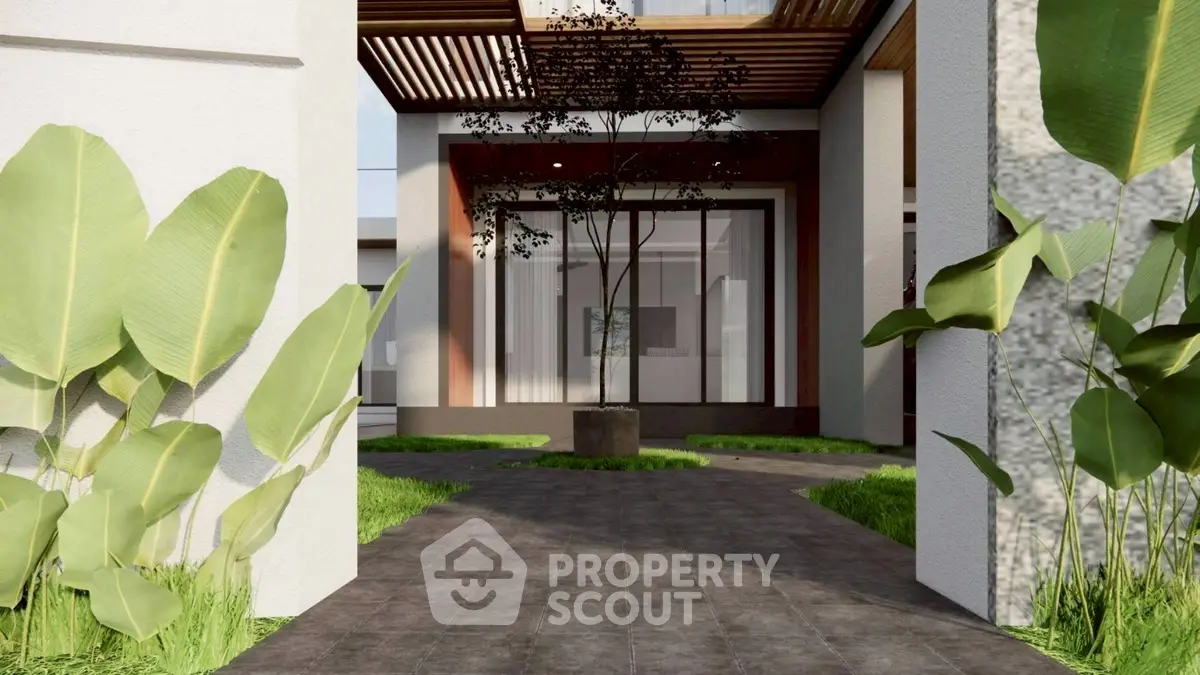 Modern architectural courtyard with lush greenery and sleek design elements.