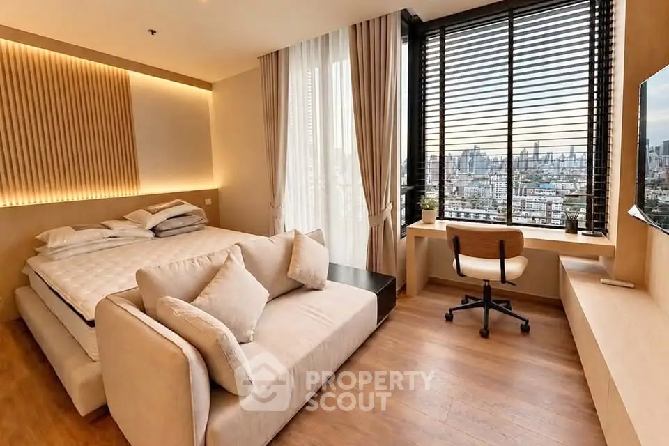 Luxurious bedroom with stunning city view and modern decor