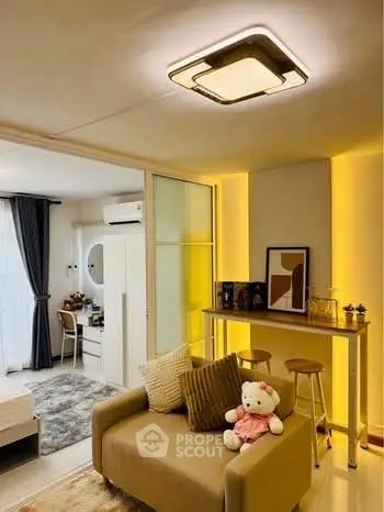 Cozy modern living room with stylish decor and ambient lighting