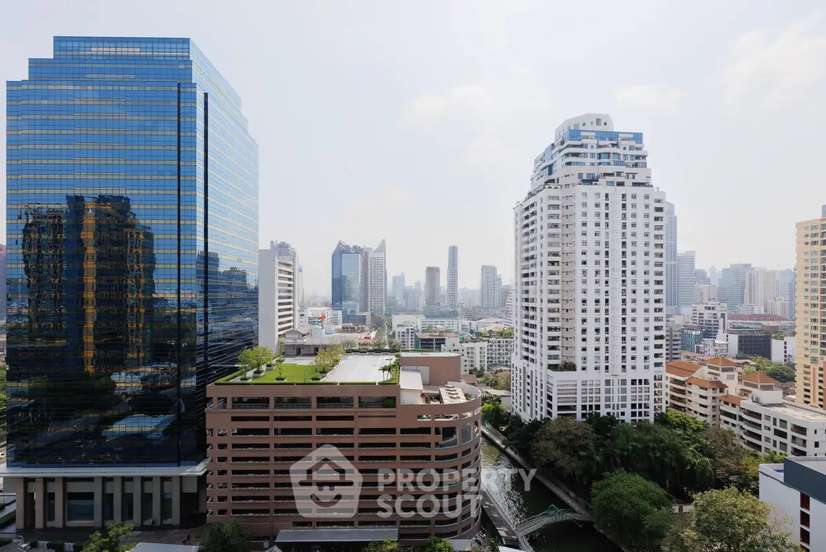 Stunning cityscape view showcasing modern high-rise buildings and lush greenery in an urban setting.
