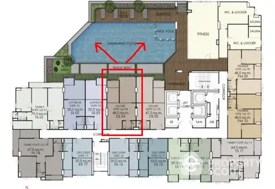 Luxurious condo floor plan with pool, fitness center, and spacious suites.