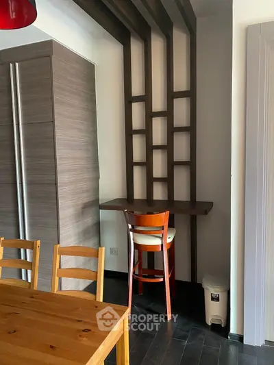 Modern kitchen with stylish wooden furniture and unique shelving design