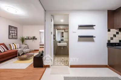 Modern apartment interior with cozy living room and stylish kitchen