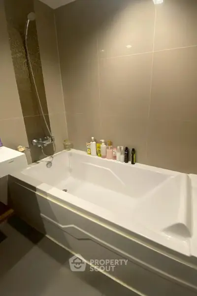Modern bathroom with sleek bathtub and elegant tile design