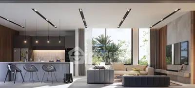 Luxurious modern living room with open kitchen and stylish decor