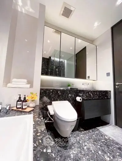 Luxurious modern bathroom with sleek black marble and elegant fixtures