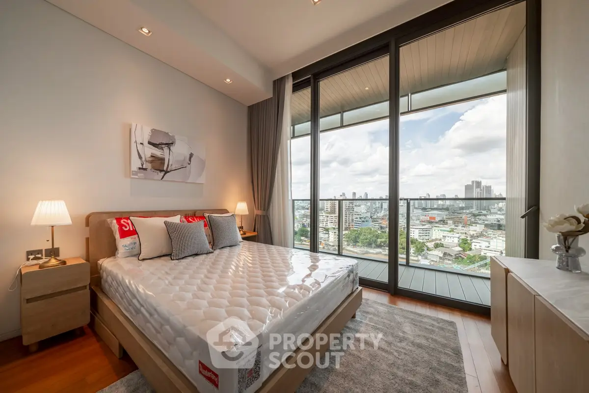 Luxurious bedroom with stunning city view and modern decor