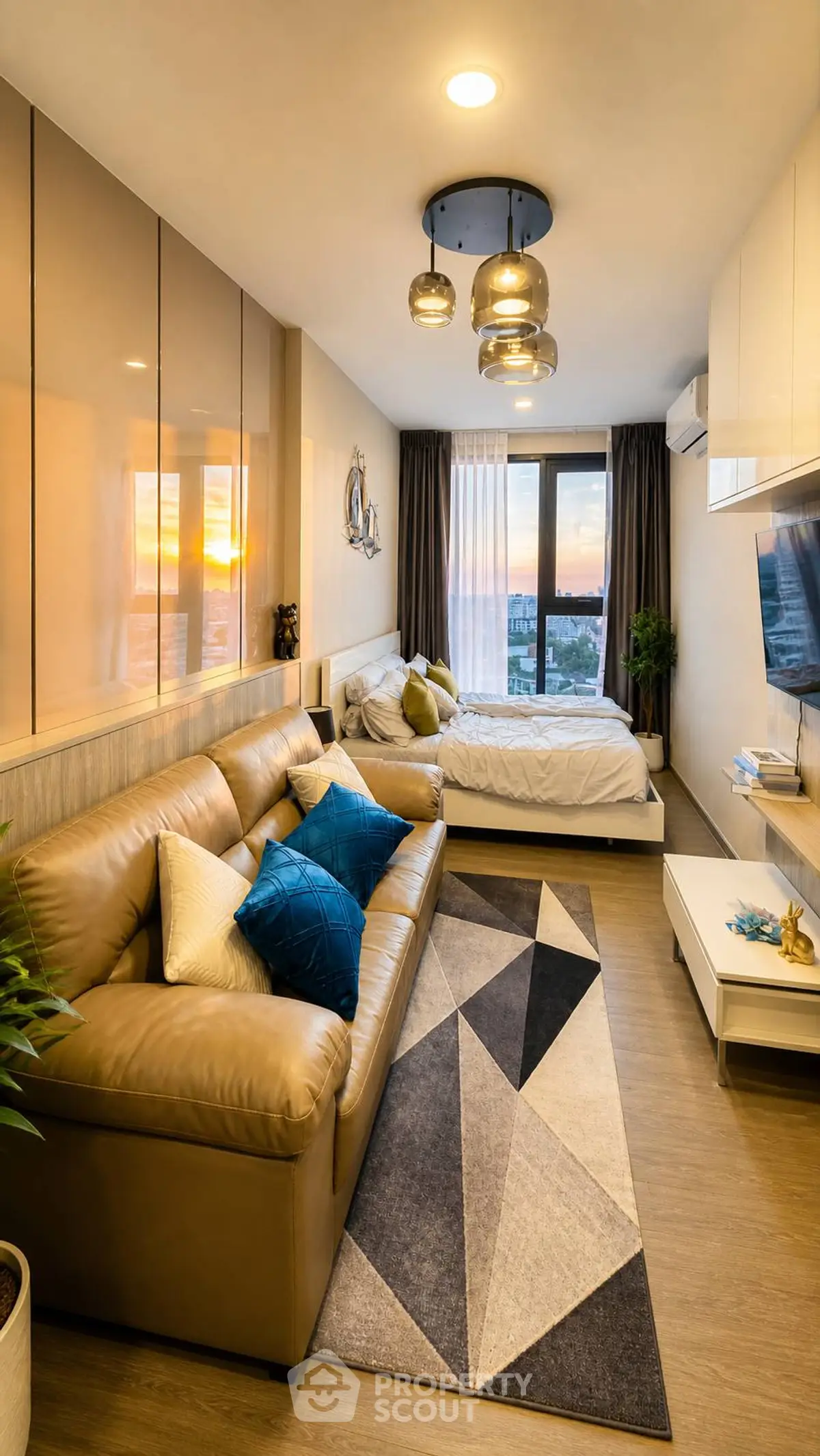 Modern studio apartment with stylish living area and cozy bedroom, featuring a sunset view.