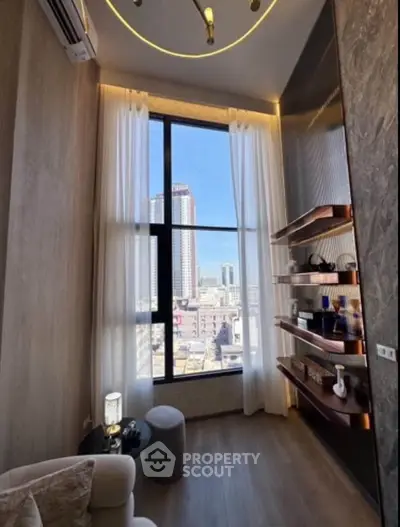 Luxurious high-rise apartment with stunning city view and elegant interior design.