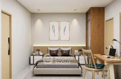 Modern bedroom with stylish decor and workspace, featuring a cozy bed and elegant lighting.